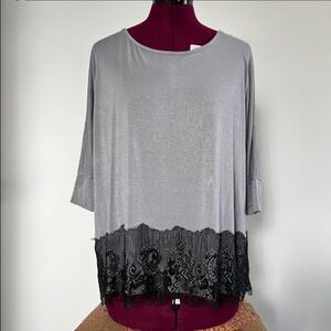 Behave Oversized Gray Blouse with Black Lace, Sz